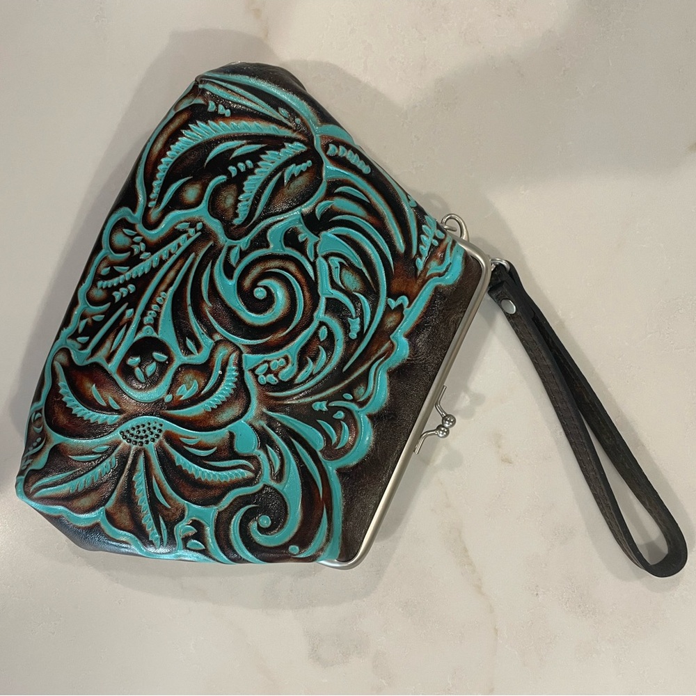 Patricia Nash Kisslock Brown and Teal Floral Embossed Wristlet